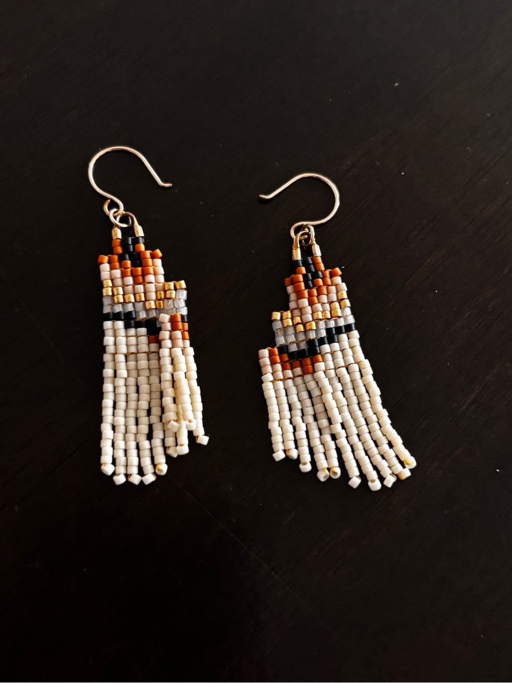 Handmade White and Orange Beaded Fringe Earrings